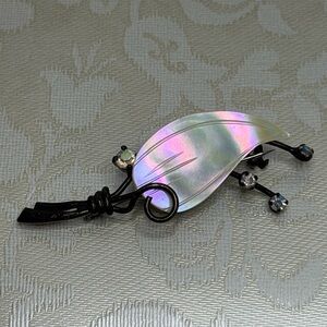 Vtg CONTINENTAL Abalone and AB Rhinestones Leaf-shaped Brooch